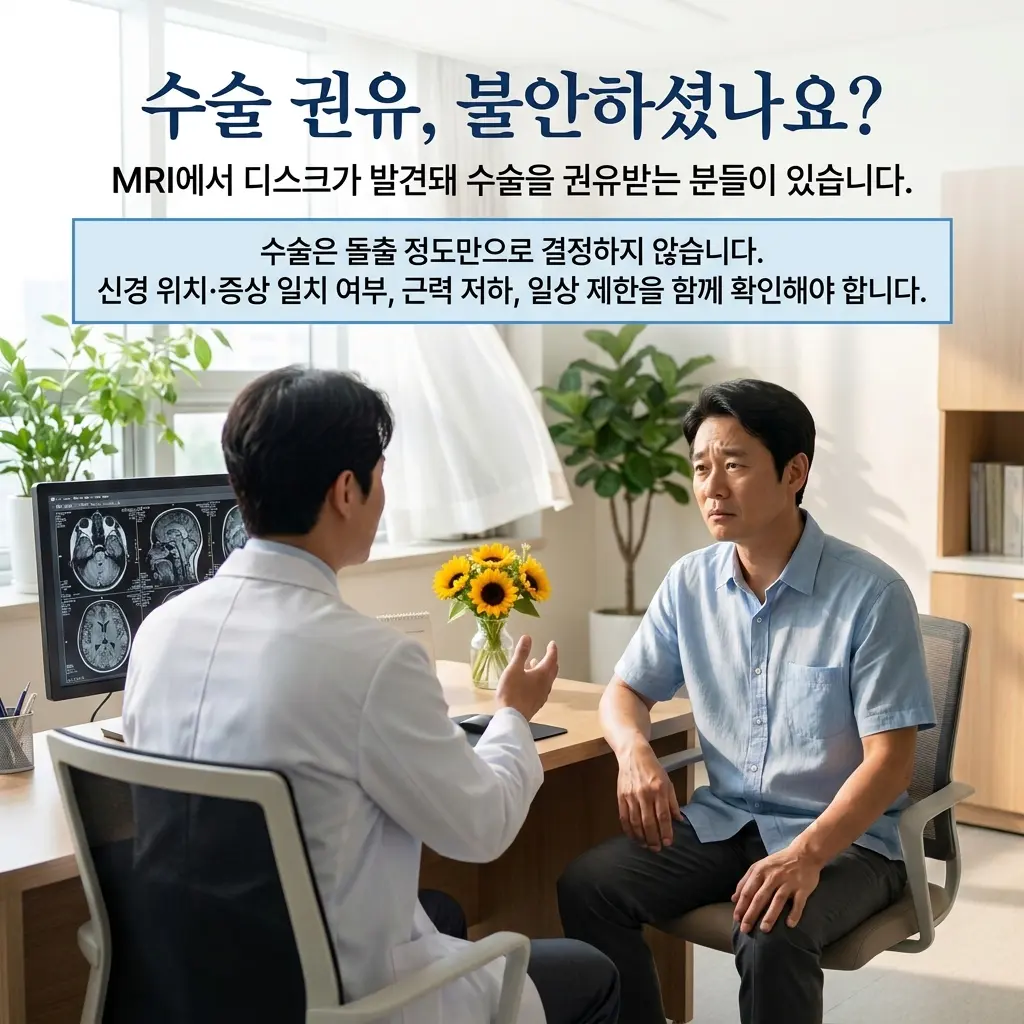 허리디스크 수술을 고민하는 환자와 의료진 상담