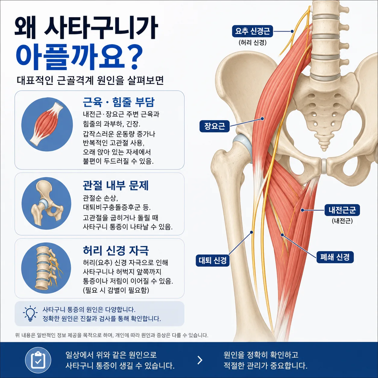 고관절 주변 근육·힘줄 부담, 관절 내부 문제, 허리 신경 자극이라는 사타구니 통증의 세 가지 대표 원인을 장요근·내전근군·요추 신경근으로 표시해 정리한 고관절 해부도