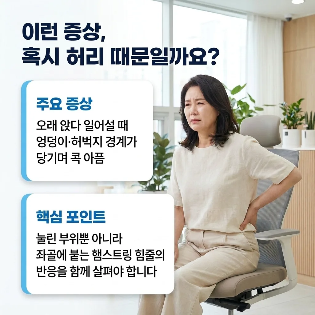 오래 앉다 일어설 때 엉덩이와 허벅지 경계가 당기며 콕 아픈 증상이 눌린 부위뿐 아니라 좌골에 붙는 햄스트링 힘줄의 반응과 함께 살펴야 함을 정리하고 허리를 짚으며 통증을 호소하는 여성을 보여주는 이미지