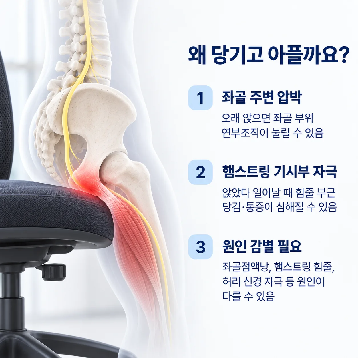 좌골 주변 압박과 햄스트링 기시부 자극, 좌골점액낭·햄스트링 힘줄·허리 신경 자극 등 원인 감별이 필요함을 정리한 좌골 주변 근육과 신경 해부도