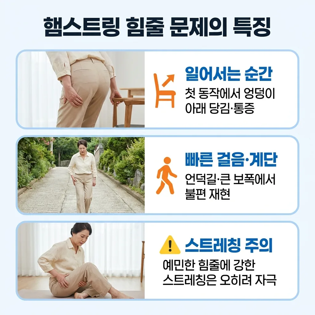 일어서는 첫 동작과 빠른 걸음·계단, 스트레칭 주의라는 햄스트링 힘줄 문제의 특징을 세 장면으로 정리한 이미지