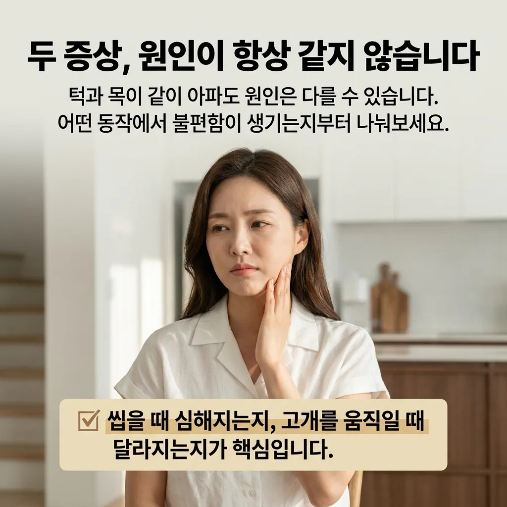 턱과 목 통증은 원인이 다를 수 있어 증상이 나타나는 동작부터 구분해야 함을 보여주는 이미지