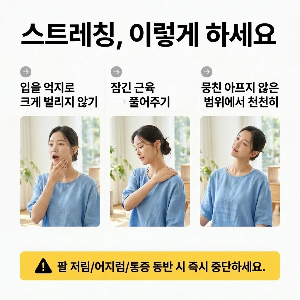입을 억지로 크게 벌리지 않고 통증 없는 범위에서 천천히 움직이는 턱·목 스트레칭 방법