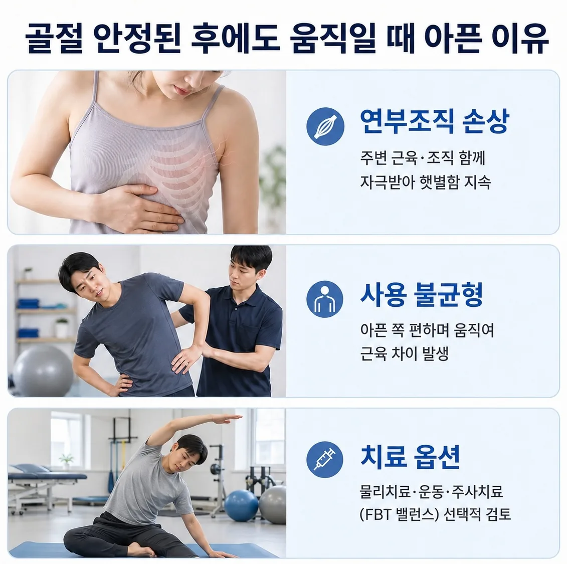 골절이 안정된 후에도 연부조직 손상, 사용 불균형, 물리치료·운동·주사치료 등 치료 옵션으로 움직일 때 통증이 남을 수 있음을 정리한 이미지