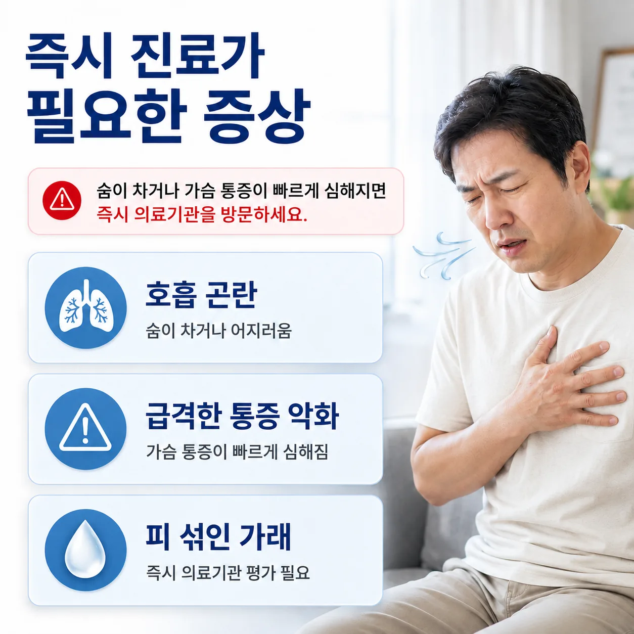숨이 차거나 어지럽고 가슴 통증이 빠르게 심해지거나 피 섞인 가래가 나오면 즉시 의료기관을 방문해야 함을 정리하고 호흡 곤란을 겪는 남성을 보여주는 이미지