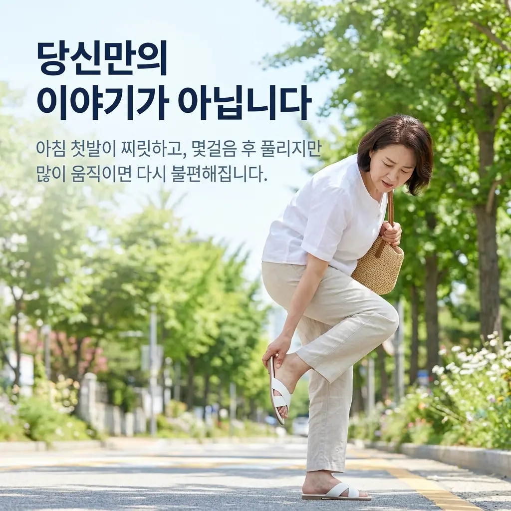 아침 첫걸음에 발뒤꿈치 통증을 느끼는 모습